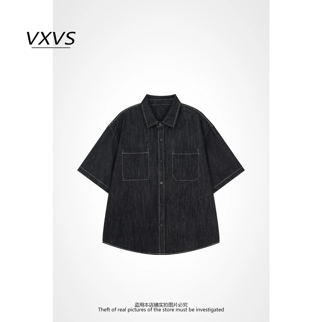 VXVS【工装牛仔套装】时尚辑明线短袖牛仔衬衫宽松潮流复古牛仔4107