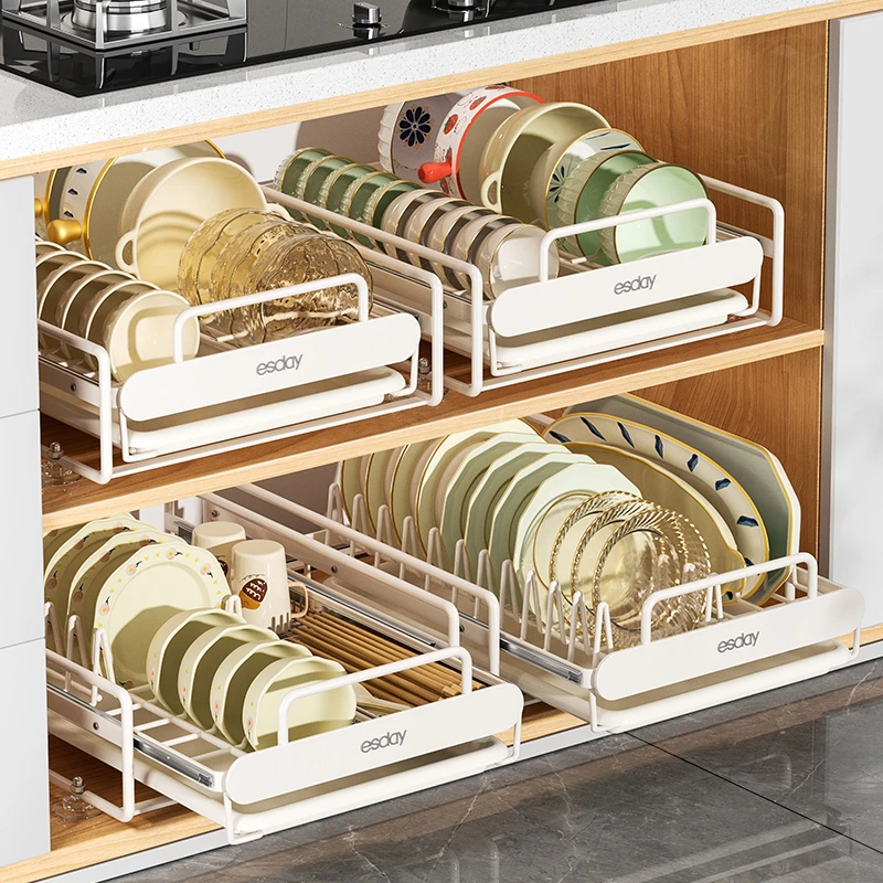厨房抽拉碗碟收纳架橱柜内抽屉式置物架碗架拉篮放碗盘子沥水架子
