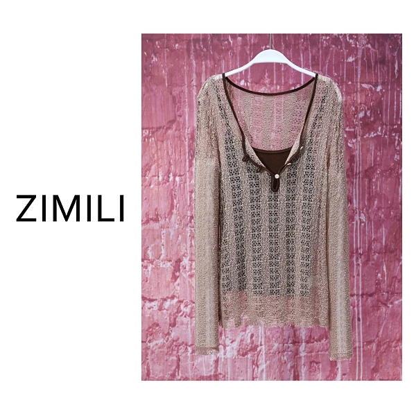 【亮哥女装】2025欧版摩卡米勾花镂空高弹长袖两件套上衣8619-E0