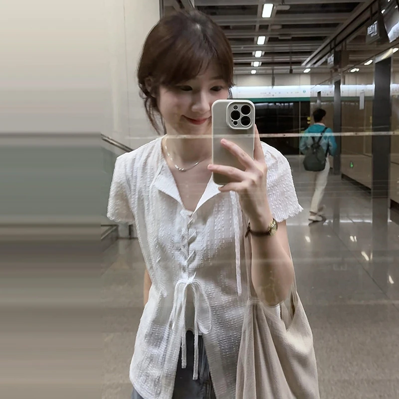 大码法式白色蝴蝶结短袖衬衫女夏季正肩小胖MM显瘦上衣-7891