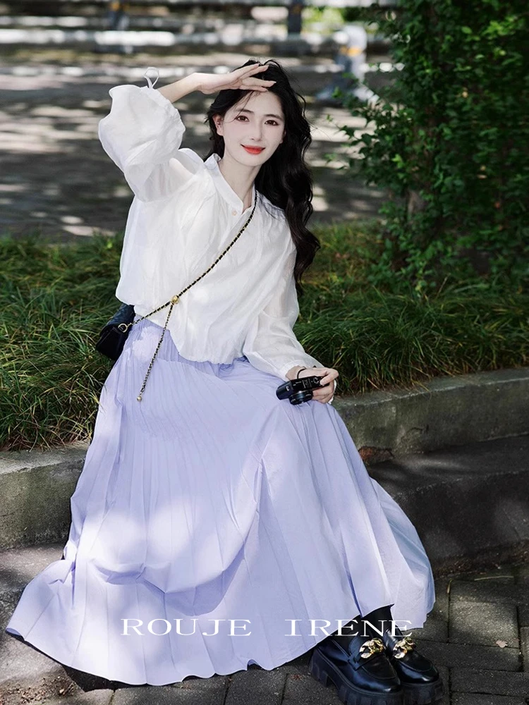 春夏穿搭一整套高级感超好看独特漂亮洋气减龄衬衫紫色半身裙套装