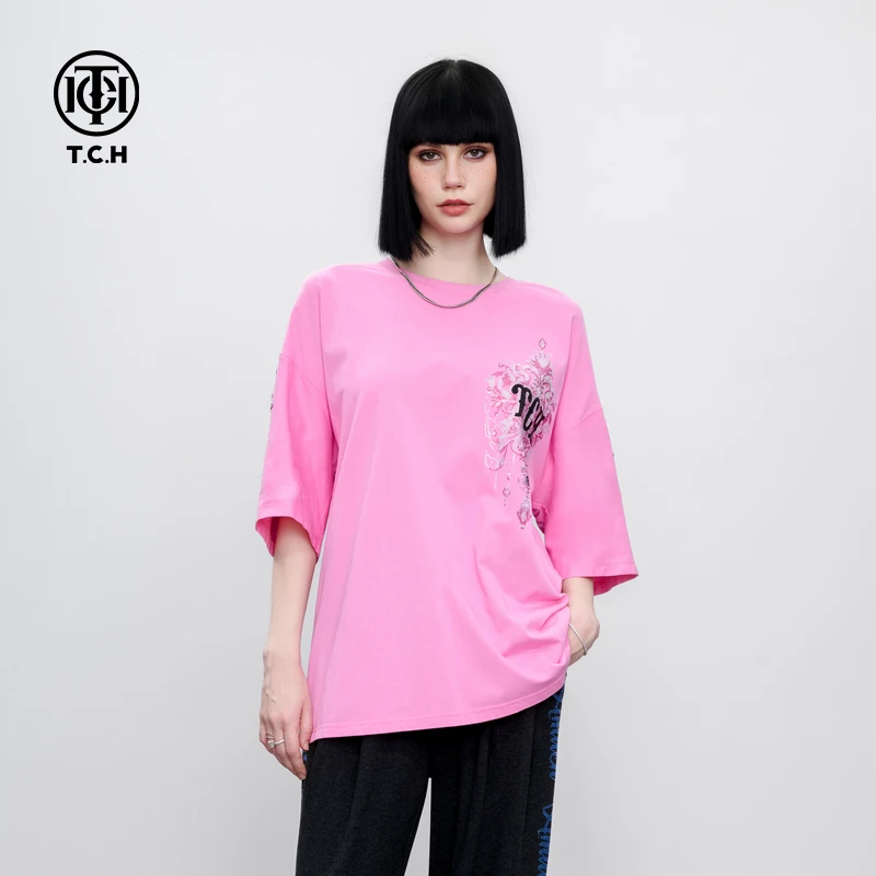 TCH 翅膀烫钻宽松高街百搭粉色短袖T恤2025夏季新款T75B106048
