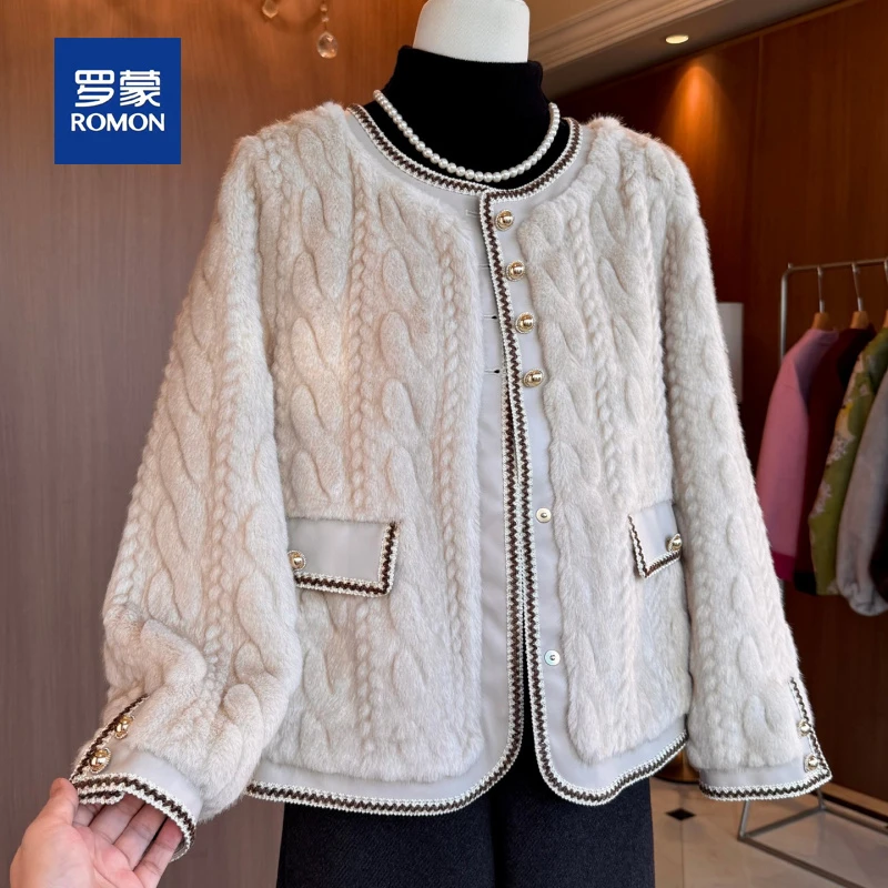 罗蒙气质妈妈装高级小香风皮毛一体外套秋冬季保暖中老年女装短款