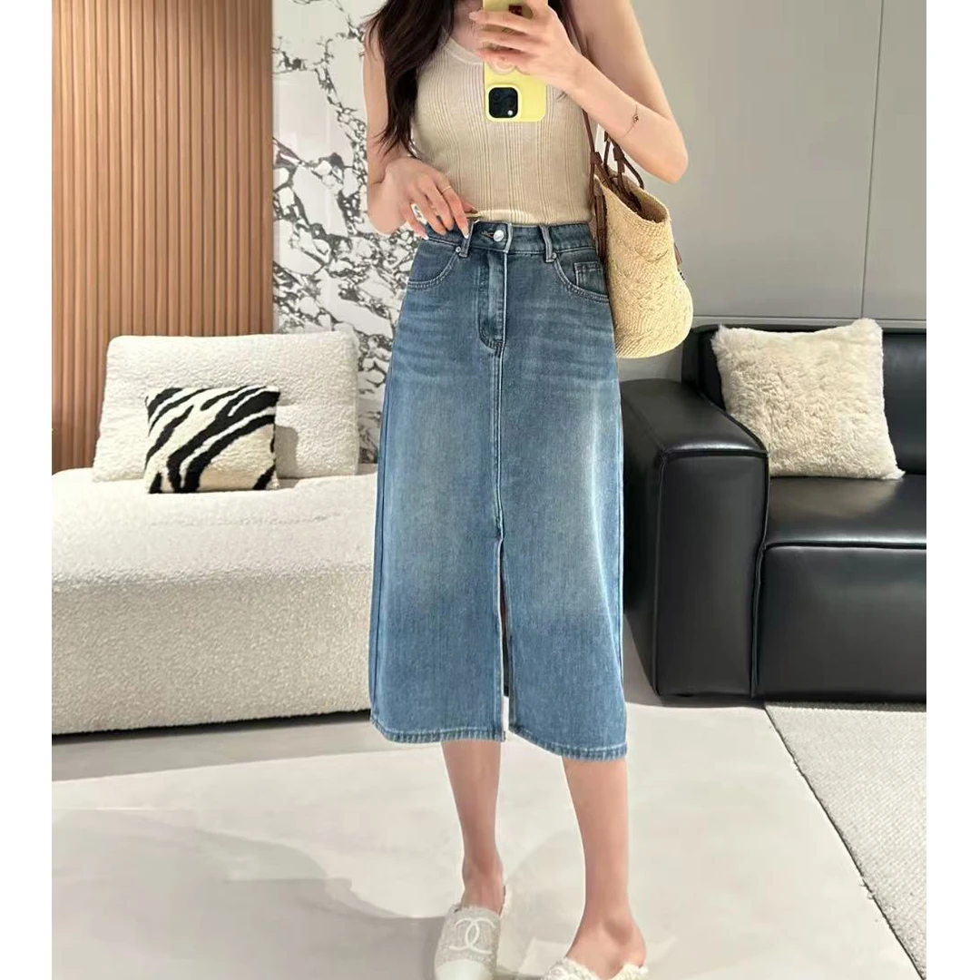 宝丫轻奢 女士显瘦高腰前开衩牛仔半身裙K1864