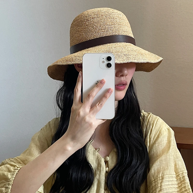 天然拉菲草手工草帽女渔夫帽透气遮阳帽夏季海边出游度假防晒盆帽