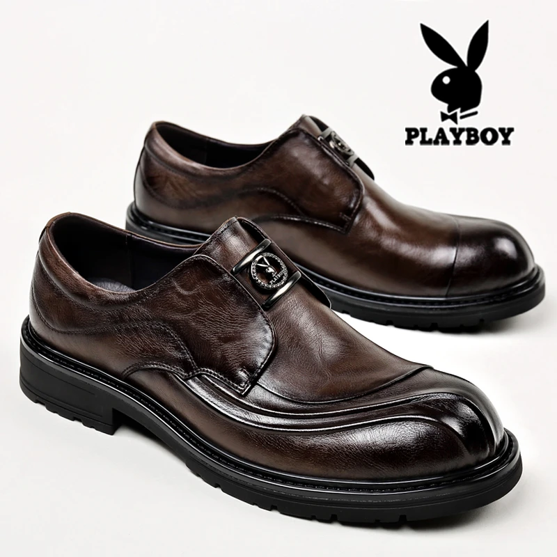花花公子男士皮鞋真皮商务正装宽脚大头一脚蹬黑色棕色结婚新郎鞋