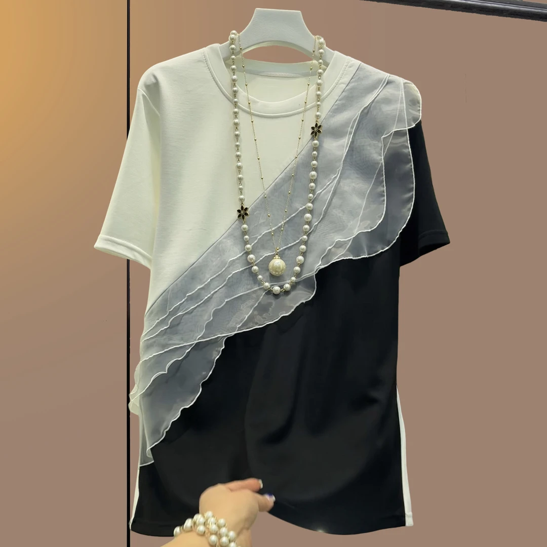 夏季大码女装胖妹妹遮肉显瘦宽松短袖半袖圆领撞色小衫上衣休闲