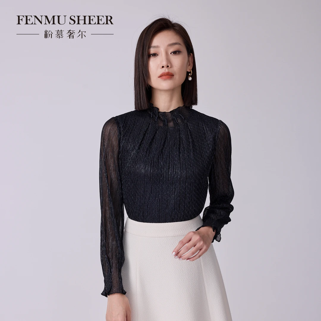 【粉丝专享】粉慕奢尔『金属迷雾』褶皱法式透视袖拼接亮丝上衣G2517