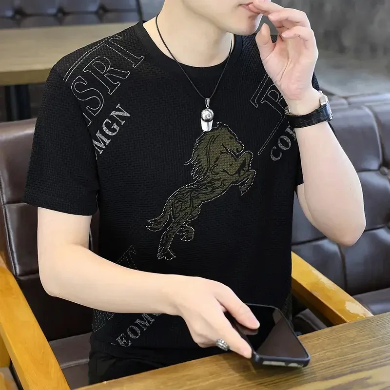 男士冰丝短袖t恤烫钻轻奢新款高品质潮流休闲圆领半袖体恤男装潮T