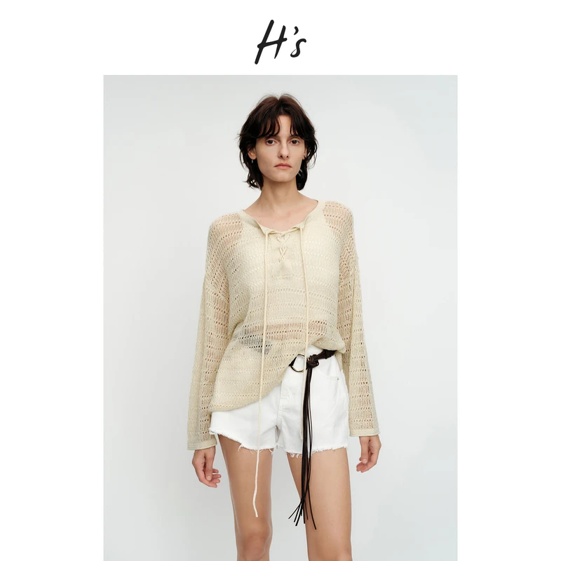 【赵老板专属6556】H'S25年秋度假圆领绑带镂空落肩罩衫