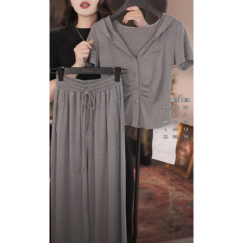 2025夏季新款翻领褶皱短袖开衫女时尚简约百搭休闲阔腿长裤两件套