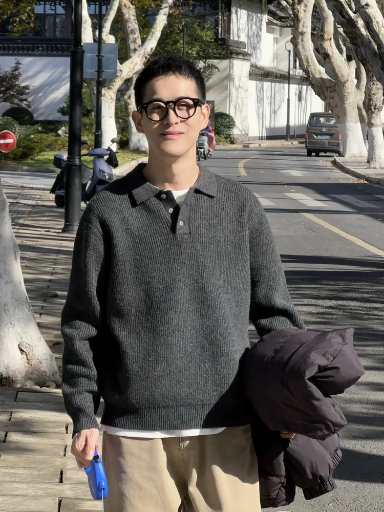 轻熟风男士亨利领Polo衫毛衣秋季穿搭慵懒高级感竖条纹针织衫上衣