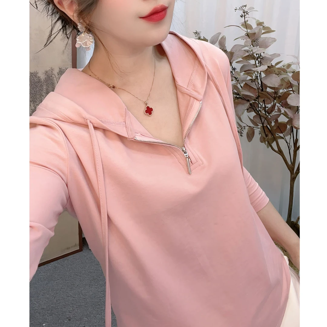 2025薄款女防晒长袖T恤连帽衫拉链夏季空调春秋显瘦休闲宽松上衣