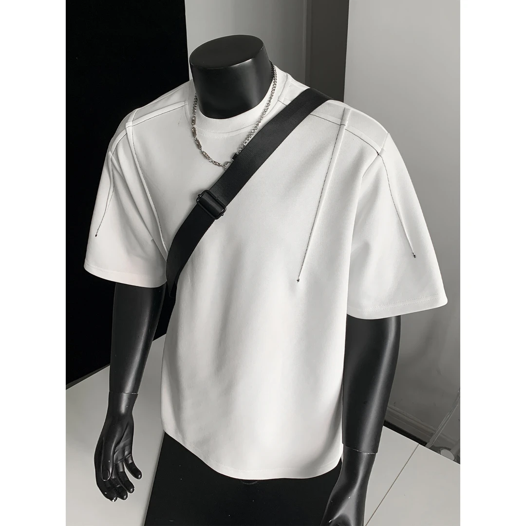白色简约辑明线设计感短袖美式潮牌高街半截袖夏休闲百搭t恤上衣