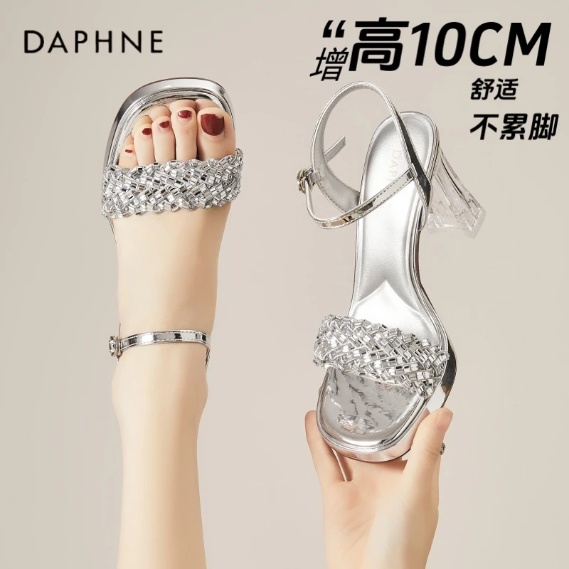 达芙妮水钻银色一字带凉鞋女夏季2025年新款水晶粗跟高跟鞋配裙子