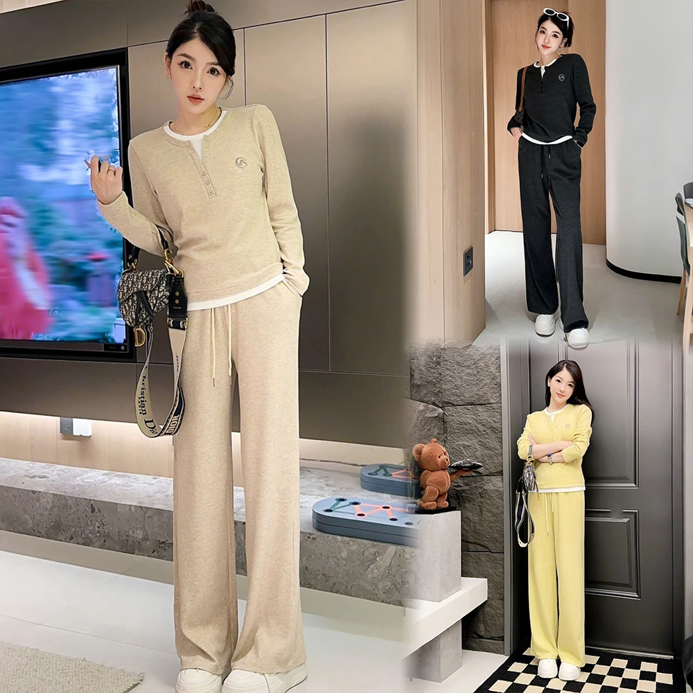 春秋季女士长袖长裤假两件慵懒套装百搭显瘦时尚休闲运动套装