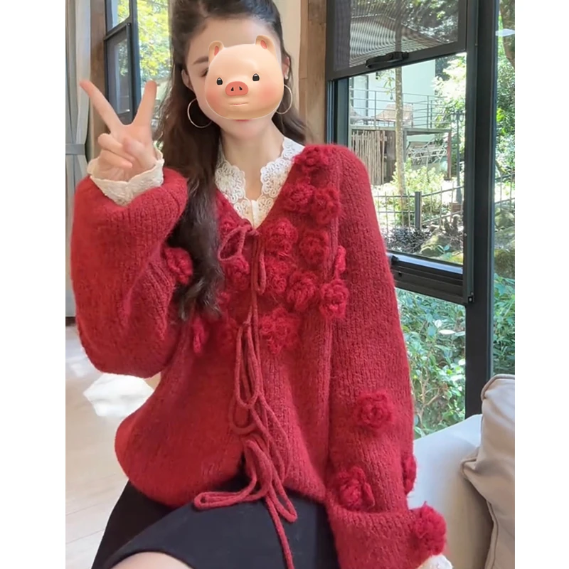 巨好看的法式立体花朵红色毛衣开衫外套女秋冬宽松慵懒风针织上衣