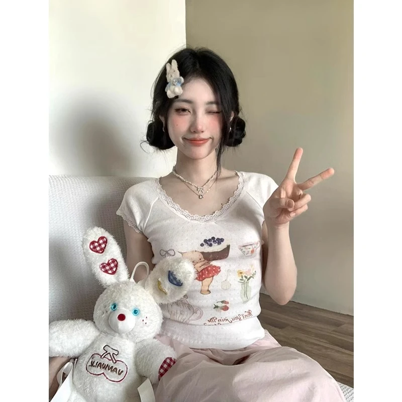 蕾丝花边甜美短袖t恤女夏季修身显瘦甜辣妹正肩纯欲风别致上衣服