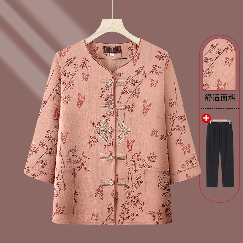 老人中国风奶奶装中老年妈妈装夏季衬衫圆领带口袋时尚七分袖衬衫