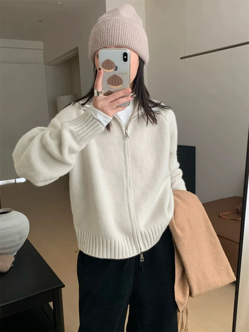2024年冬季新款时尚8193双拉链立领毛衣开衫保暖针织衫外套厚女