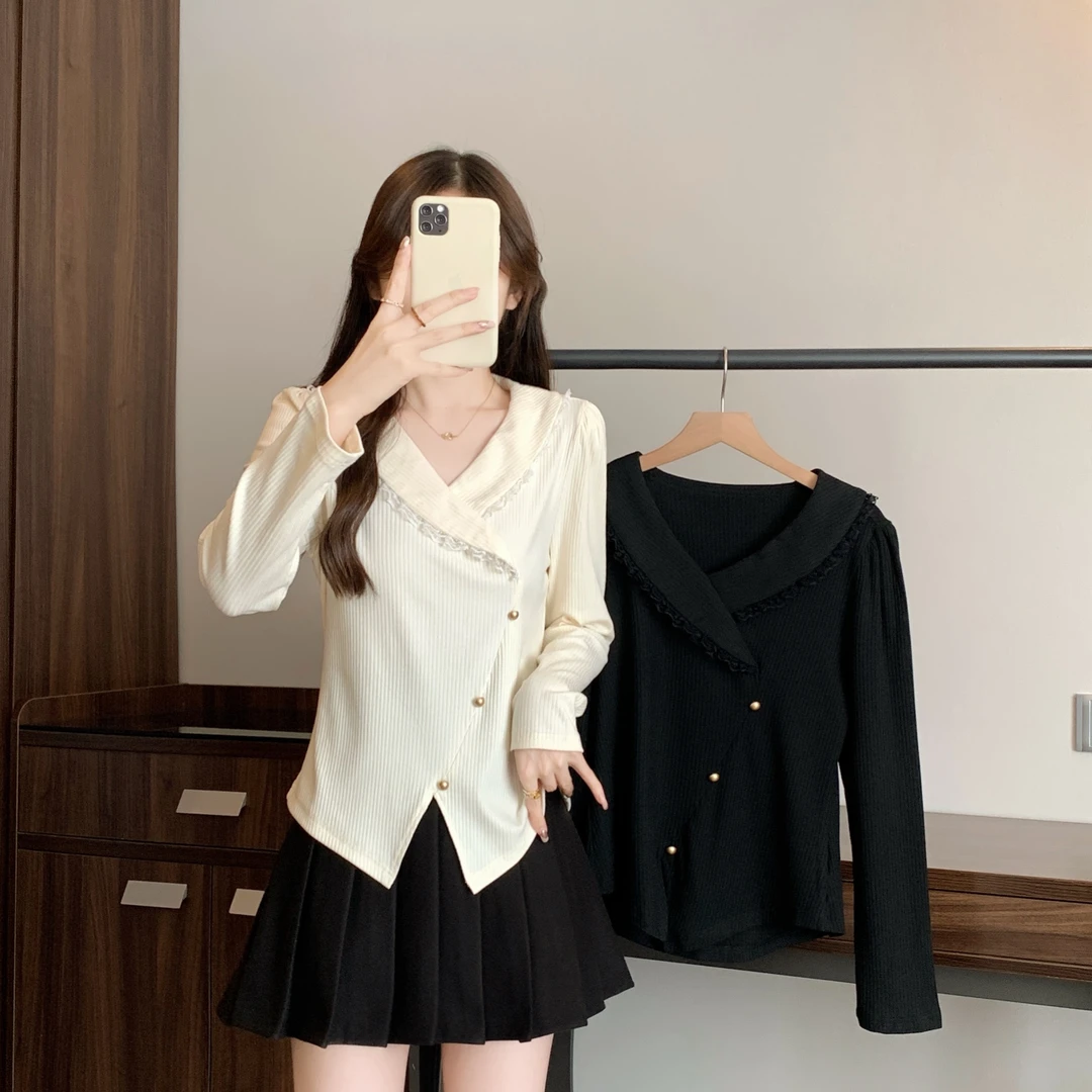 清长2025秋季款大码胖mm荷叶边交叉V领长袖衬衫修身显瘦上衣80312