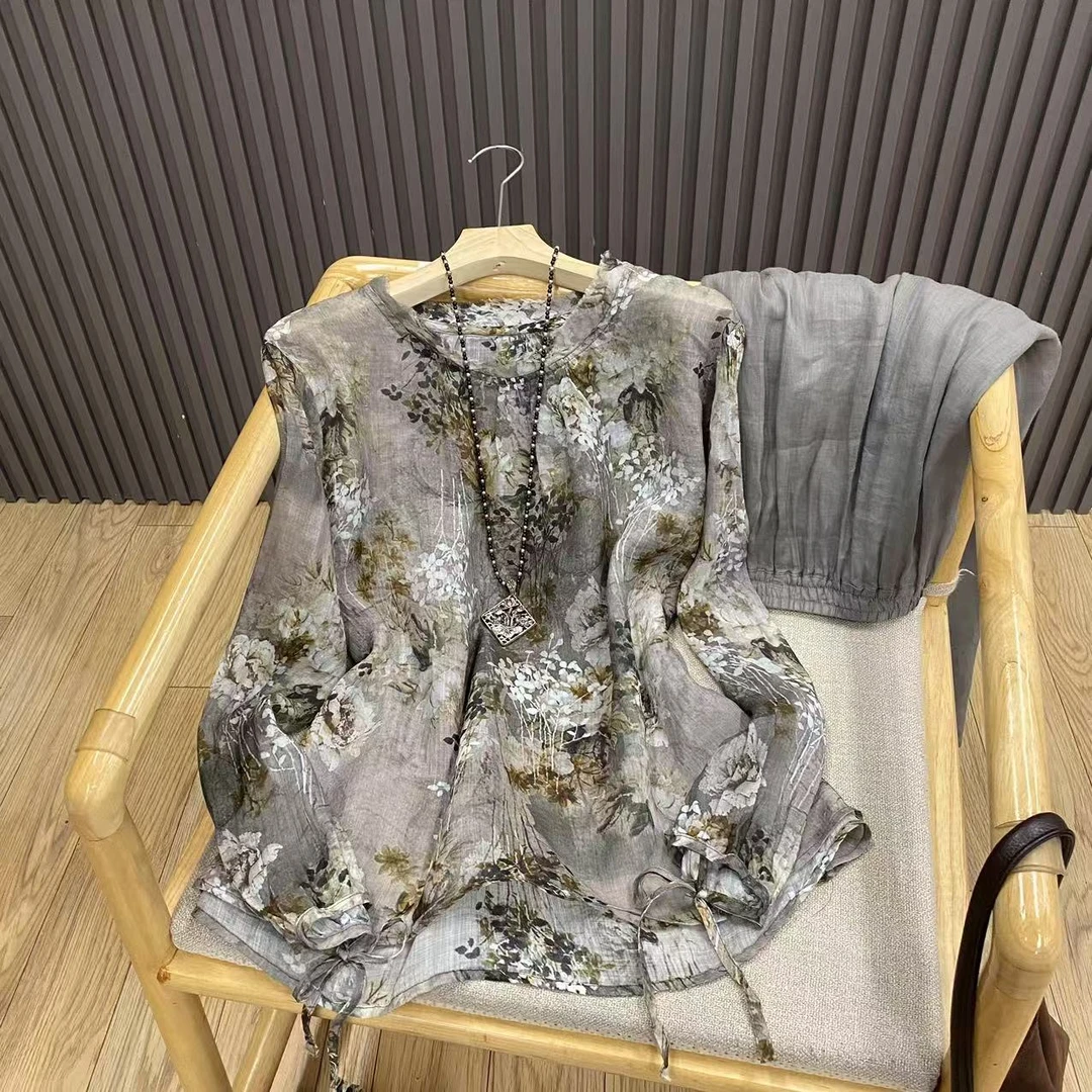 复古国风印花苎麻气质小衫文艺系带宽松百搭套头衬衫女C99925