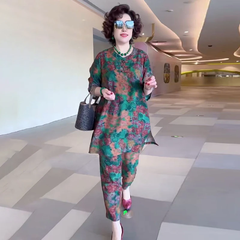 313套装欧洲站春夏时尚百搭休闲风薄款花色圆领上衣九分裤两件套