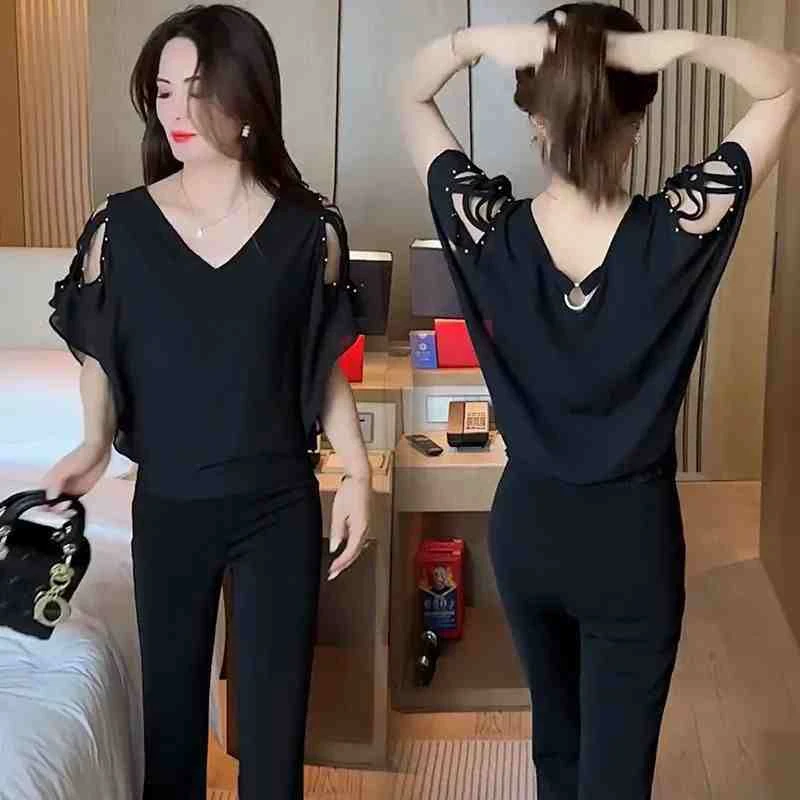 女短袖宽松显瘦睡衣女上衣洋气V领露肩遮肚气质时尚百搭夏季休闲