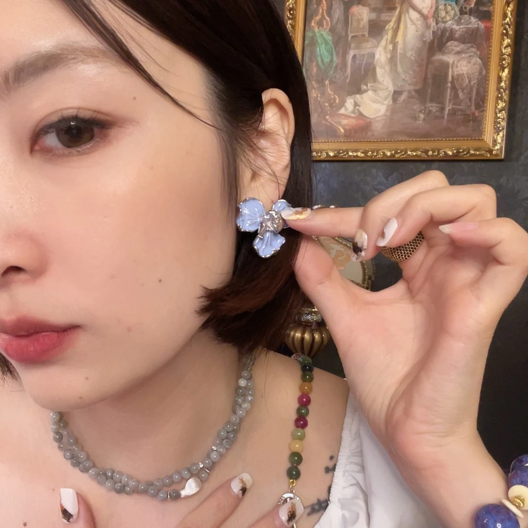 黄铜琉璃925银鸢尾花耳饰