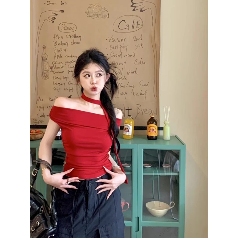 2025【现货+原版质量】一字肩短袖T恤女夏季短款绝美小上衣