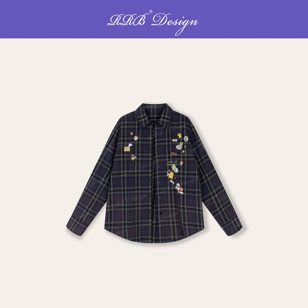 RRB Design「学院派」100%棉怀旧洗水趣味印花减龄格纹长袖衬衣