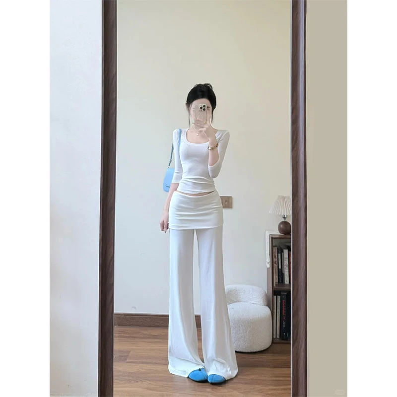 夏季显瘦修身小众设计款简约风正肩上衣休闲简约时尚宽松时尚裙裤