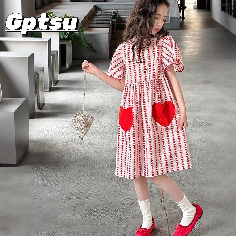 GPTSu女童连衣裙夏季2025新款儿童洋气时髦装女大童飞袖爱心裙子