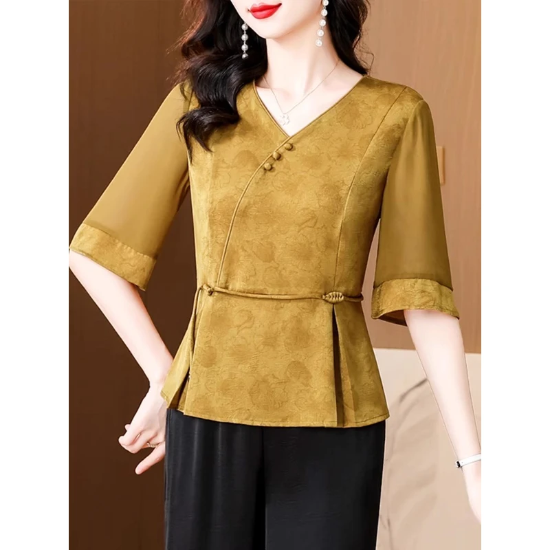 M0197 夏装小衫25年时尚新款中国风休闲气质显瘦轻奢妈妈装