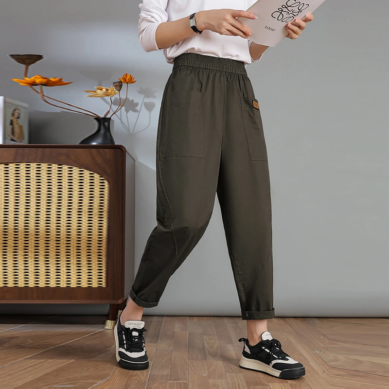 2025夏季薄款皮标大码长裤休闲宽松显瘦高腰百搭水洗棉哈伦裤A