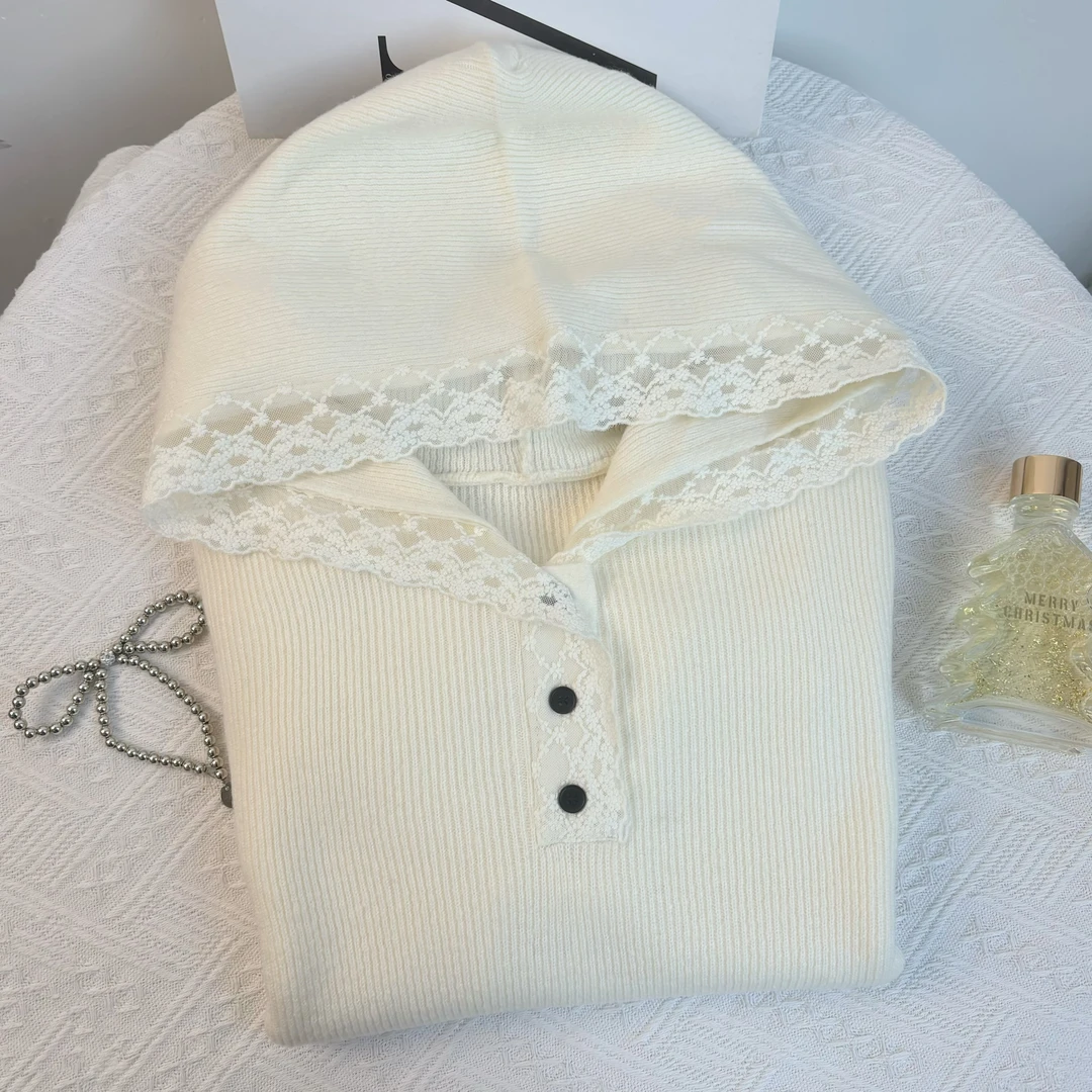玲姐定制-米白连帽蕾丝边针织毛衣280335