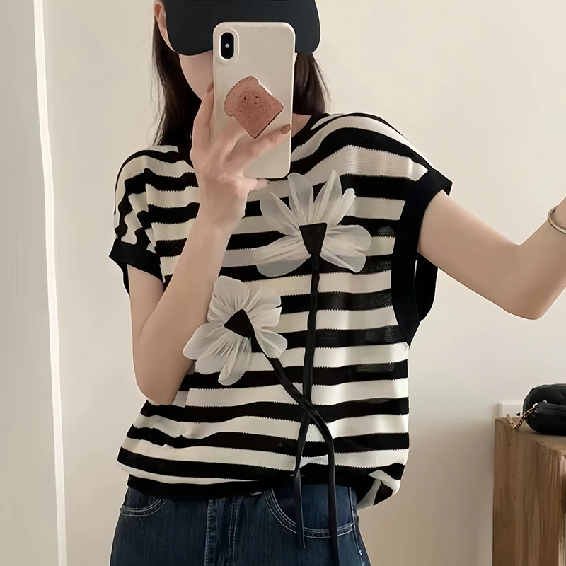 竹节棉立体花朵短袖女款爆款2025新款财阀千金女装条纹宽松t恤夏