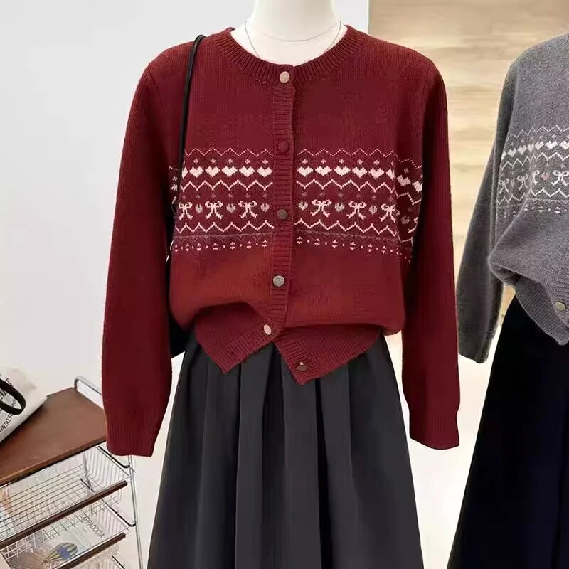 撞色雪花提花学院风针织开衫外套毛衣秋冬新款费尔岛休闲毛衣女