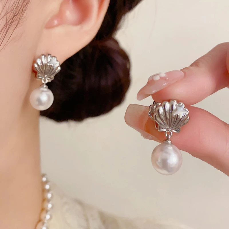 纯铜陶瓷耳饰 新款贝壳耳环女编织蓝色简约个性气质长款耳环