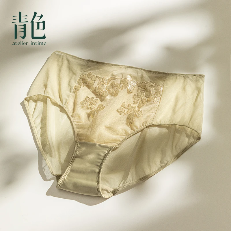 atelier intimo/青色【落花醉底裤】烫金图案刺绣透气舒适三角裤