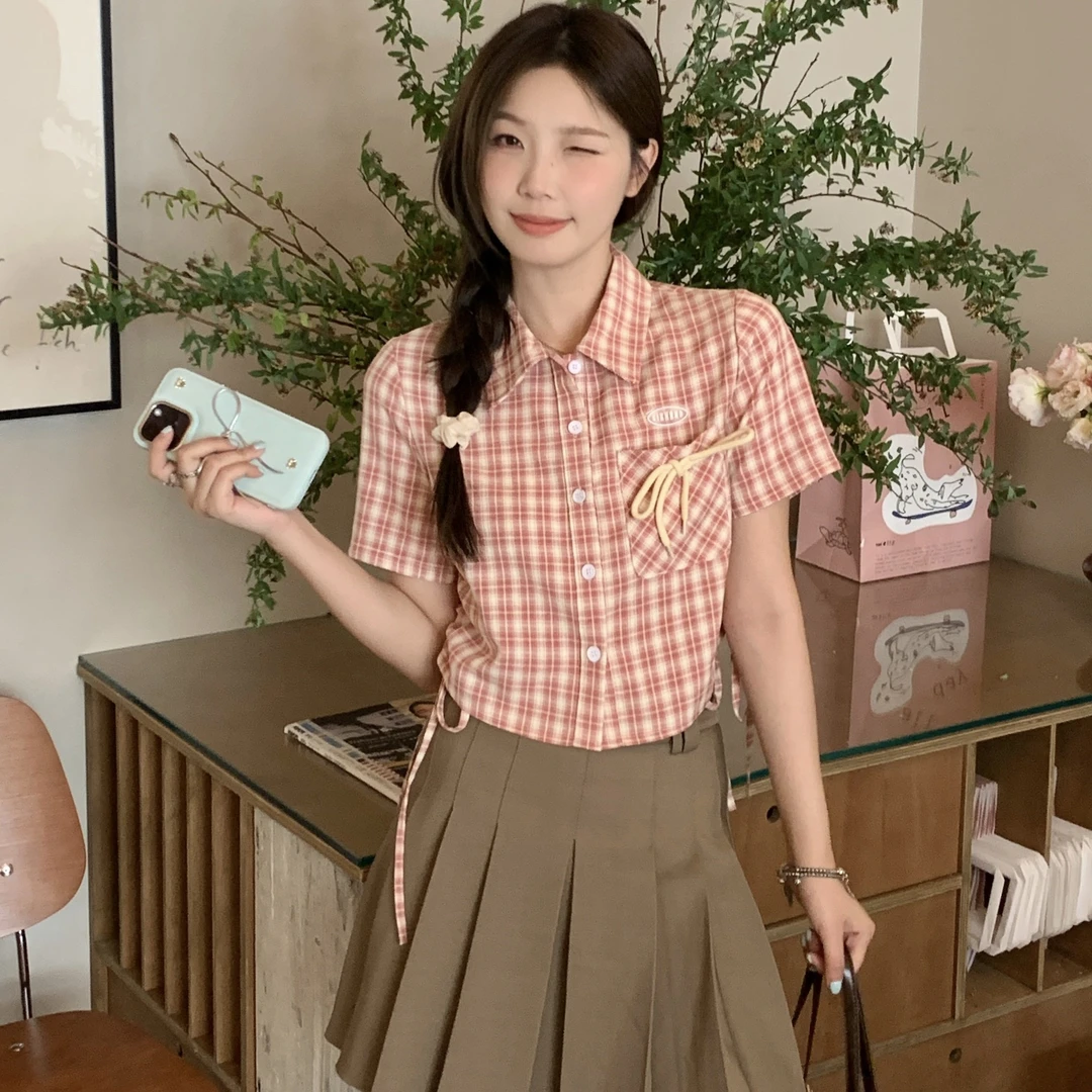粉色格子短袖衬衫女夏季美式复古学院风绑带Polo领辣妹短款上衣女