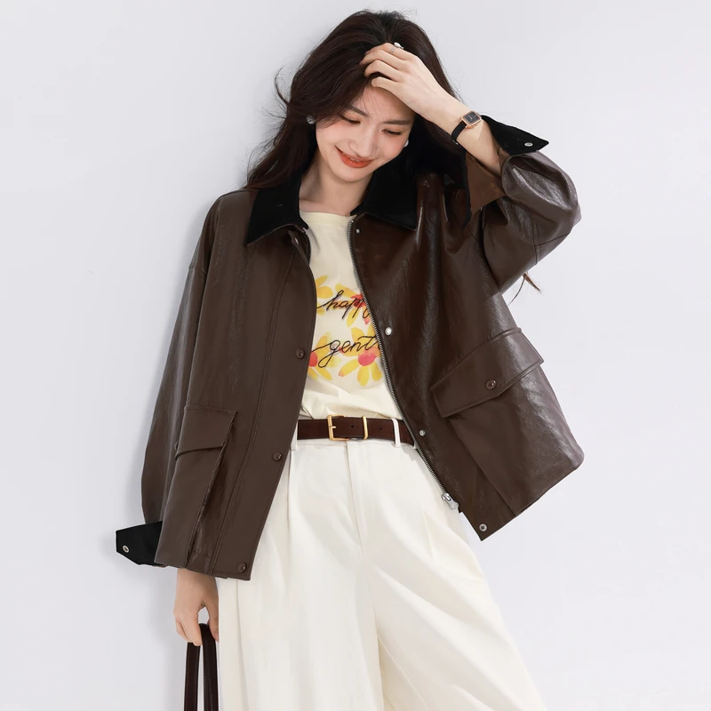 伊芙丽拼可拆卸撞色皮质灯芯绒短外套女春通勤休闲外套1G1910831