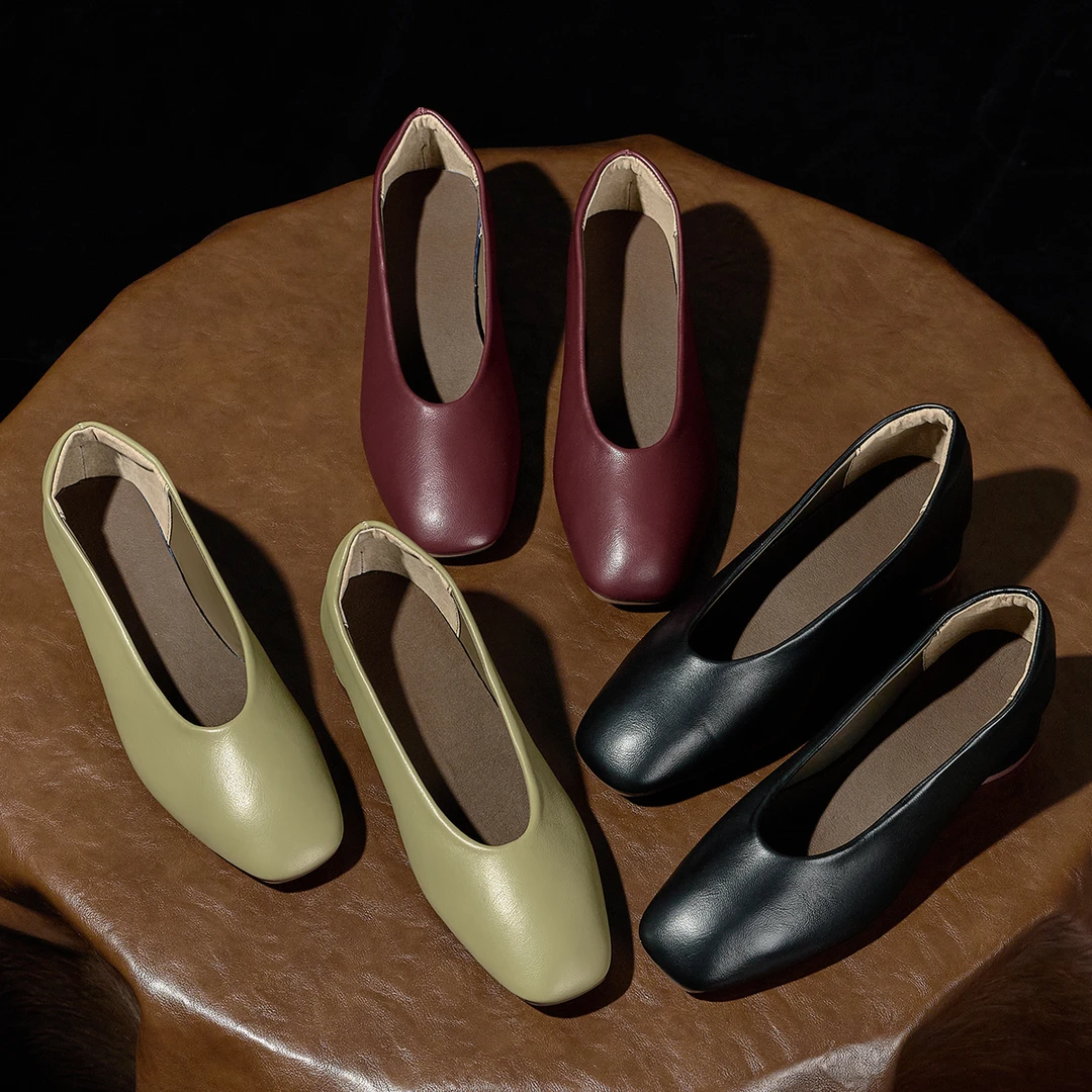 胎羊皮~2025秋季新款浅口百搭粗跟不累脚女鞋手工中跟女鞋方头