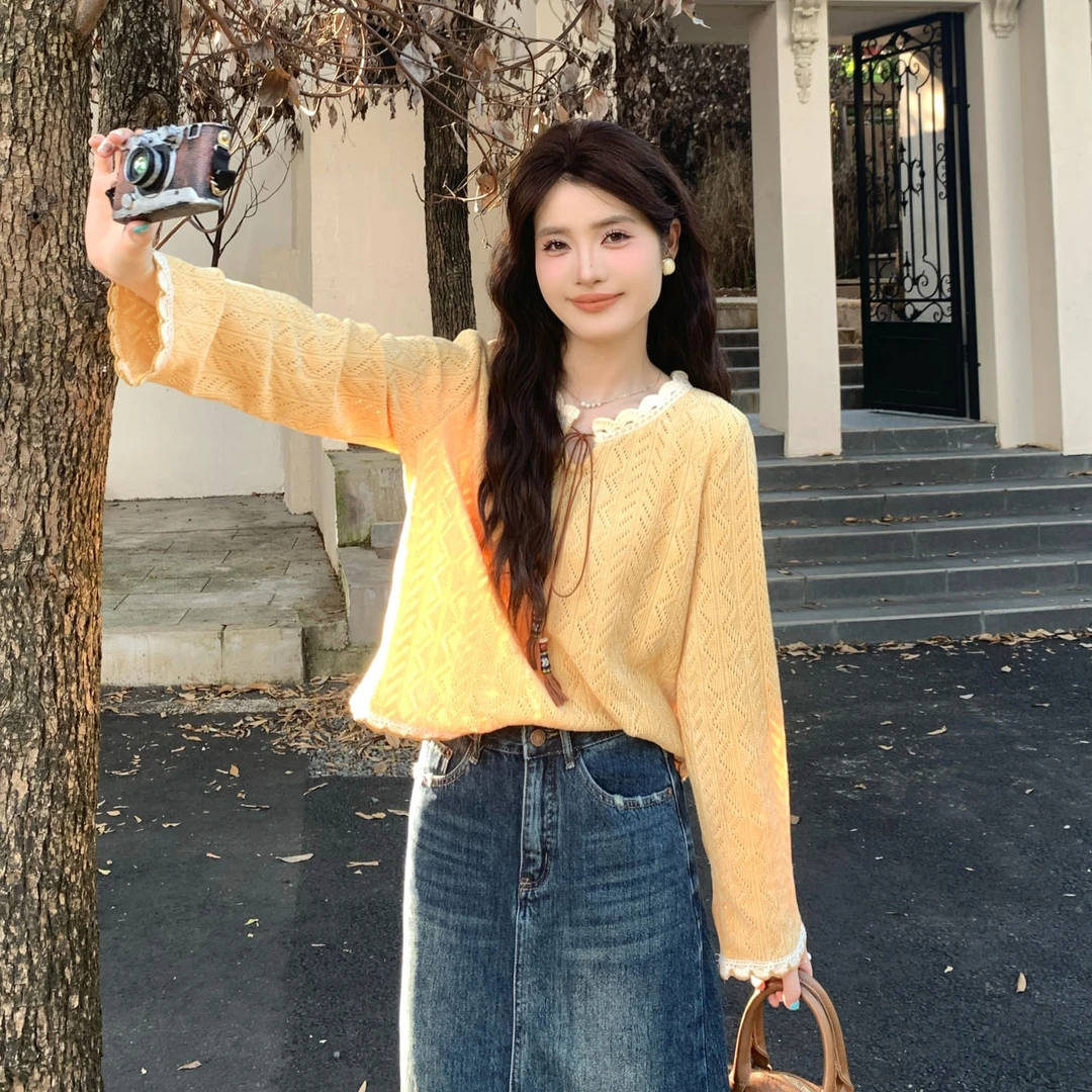慕兔法式洋气花边拼接长袖针织衫女2025秋新款设计感时尚气质上衣
