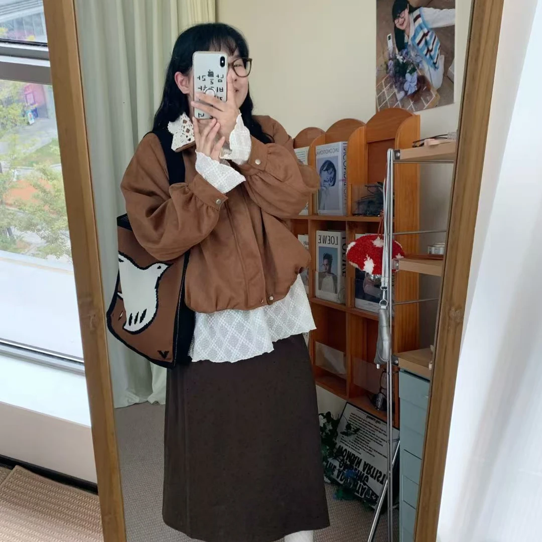 时尚套装鹿皮绒外套女百搭花边领秋季千金风短外套翻领小衫两件套