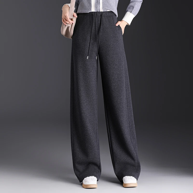 正品高端新款2025秋冬加厚羊毛呢阔腿休闲裤女时尚高腰垂感直筒裤