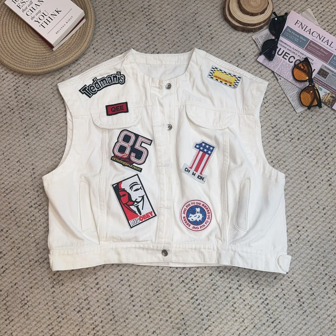 2025夏季新款纯色休闲百搭宽松刺绣牛仔马甲外套3871