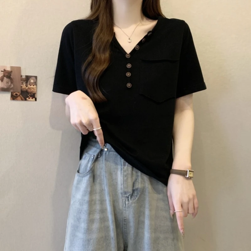 大码半开领纽扣正肩短袖T恤女夏季新款胖MM宽松显瘦百搭洋气上衣