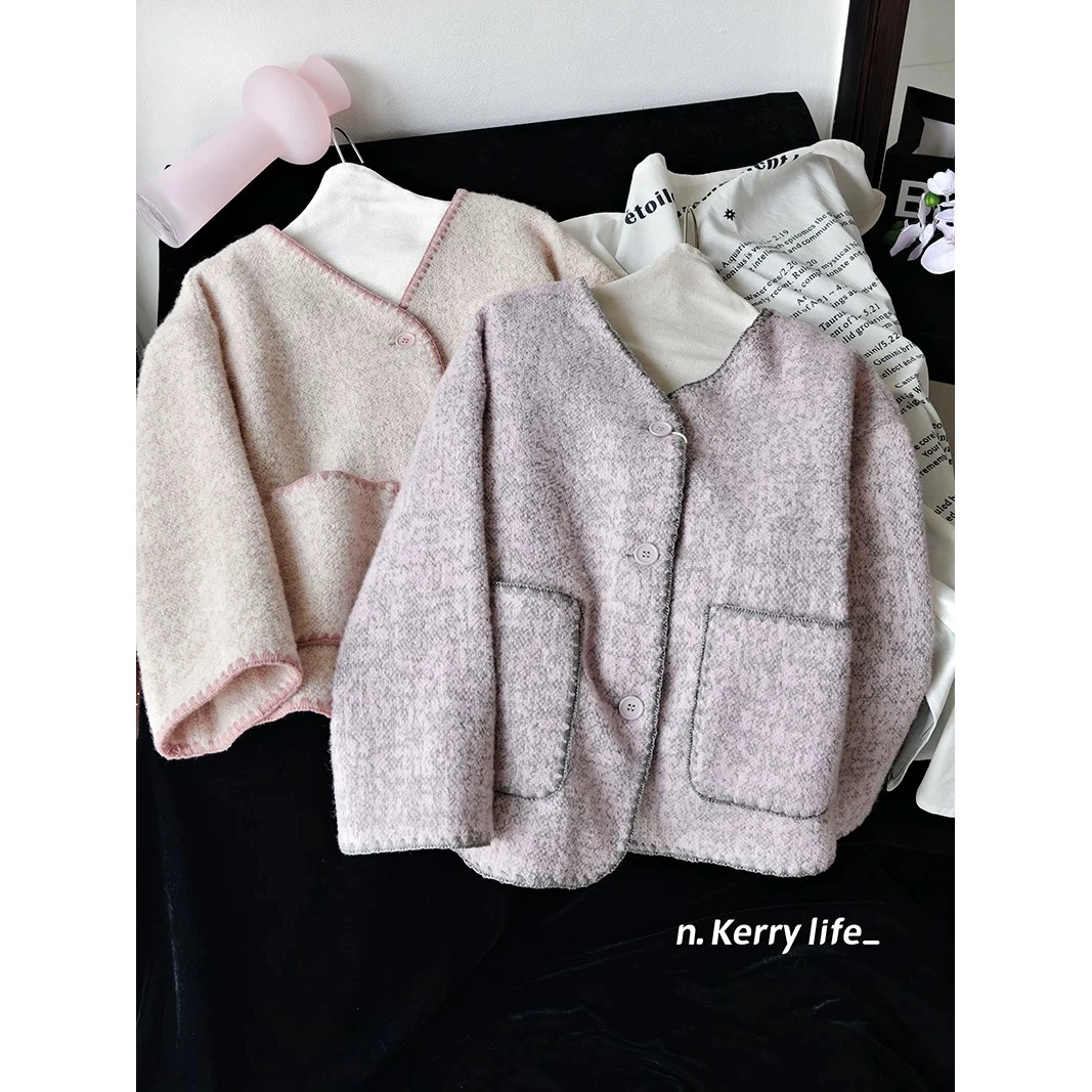 羊毛妮子外套加厚春款九分袖短款外套