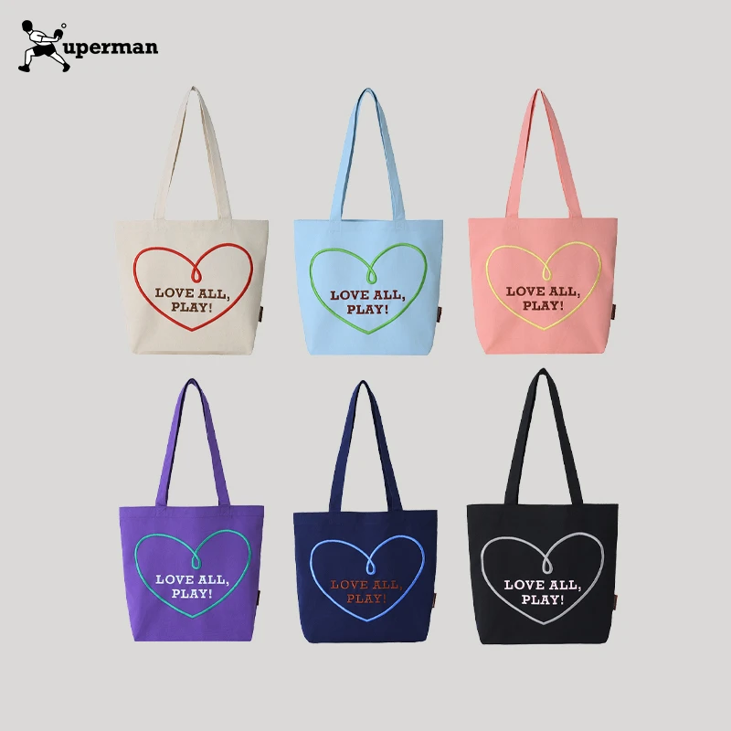 Xuperman比分单肩帆布袋大容量通勤刺绣爱心撞色手提包托特包